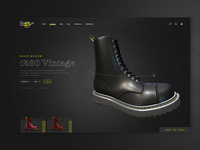 Dr Martens Product Page 3d black black and yellow boots clean concept dark dr martens ecommerce fashion gradient graphicdesign landing page product card rotation shoes sketch ui ux yellow