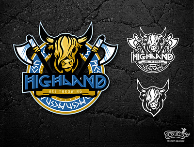 HIGHLAND AXE THROWING axe chipdavid design dogwings drawing highland cow icon illustration logo sports graphic vector