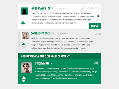 FFS Comments Design avatar button comments fantasy favicon football gravatar green grey icons mouseover post posts scout sticky system tooltip ui vote voting white
