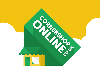 Cornershoponline Logo brand building corner delivery flat green icon logo shadow shop store yellow