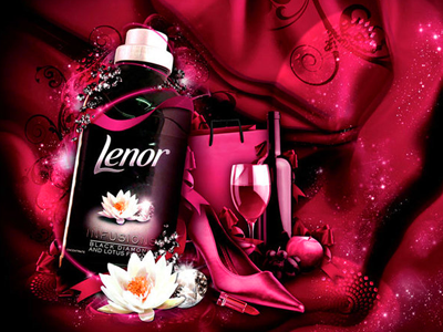 Lenor Infusions bottle diamonds glitter infusions lenor lighting montage pink red ribbon silk still life