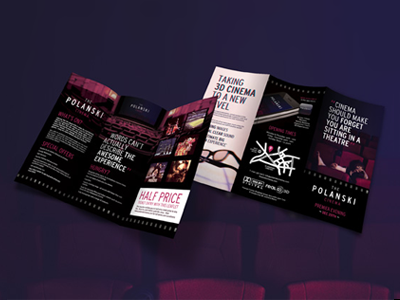 Polanski Cinema Trifold 3d brochure cimena comfy creative design graphic howe leaflet marketing polanski print promotional purple seats sofa sunglasses trifold will