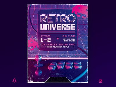 Arcade Stick Retro Gaming 80s Neon Flyer Template 1980s 80s arcade back to the 80s fight stick flyer game gamepad joystick neon poster retro gaming retrogaming retrowave sci fi shmups synthwave template vaporwave vhs