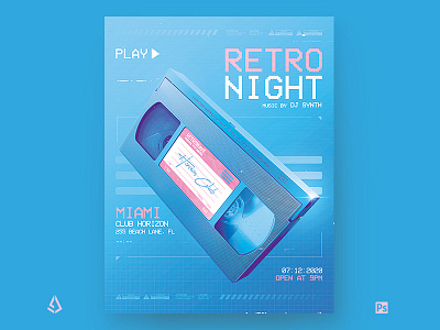 New Retro Wave Miami Blue VHS Flyer Template 1980s 80s aesthetics back to the 80s blue chillwave club electric flashback flyer indie music pink poster retro wave synthwave vaporwave vhs videocassette vintage