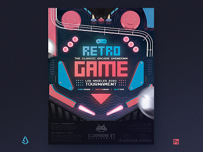 Retro Gaming Flyer 80s Pinball Retrowave Template Poster 80s arcade arcade machine classic gaming coin op flipper flyer gamers gaming layout mame mock up pinball poster retro gaming retrogaming template video games vintage