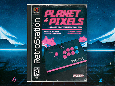 Retro Gaming Flyer Template Synthwave PSX Long Box Cover 80s classic cover electric flashback flyer long box neon pixels playstation poster psx retro gaming retrowave synthwave template video games