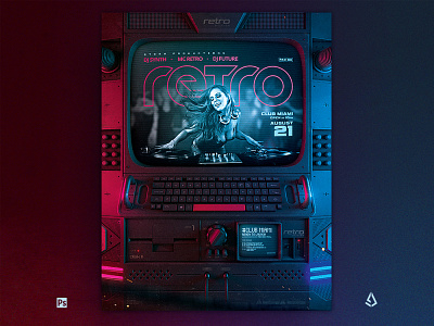 Retrowave Flyer 80s Cyberpunk Sci Fi Monitor Party