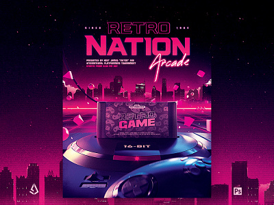 Retro Gaming Flyer 80s Neon Game Night Psd cyberpunk flyer gaming genesis neon retro gaming retrogaming retrowave synthwave template
