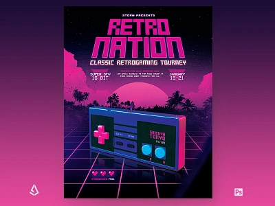 Retro Gaming Flyer 1980s Classic Neon Gamepad 1980s 80s cyberpunk flyer gamepad gaming neon poster retro gaming retrogaming retrowave synthwave template