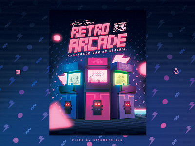 Retro Gaming Flyer 1980s Arcades Cabinets Template 1980s 80s arcade cabinets gamers pixels poster retro gaming retrowave synthwave voxels