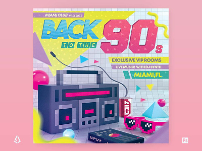 Back To The 90s Flyer Retrowave Night 80s 90s back to the 90s boombox indie memphis design music retro synthwave vaporwave