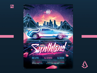 Synthwave Flyer v4 Synthland Retrowave Poster Template 1980s 80s cyberpunk electro flashback flyer futurewave gaming miami movie music neon outrun post poster retro retrogaming retrowave sci-fi