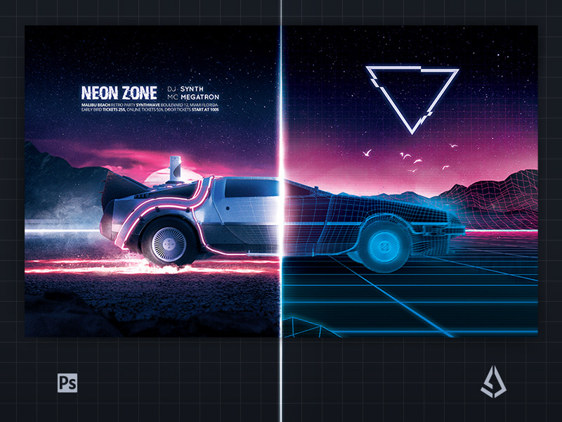 New Retrowave Poster Synthwave Delorean Electro Flyer by Storm Designs | Dribbble | Dribbble