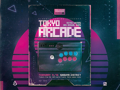 Arcade Stick 80s Retro Gaming Poster Flyer Template 1980s 80s advertisement arcade stick classic gaming electric fight stick flashback gamers mock up neon poster retro gaming retropie retrowave synthwave template video games flyer