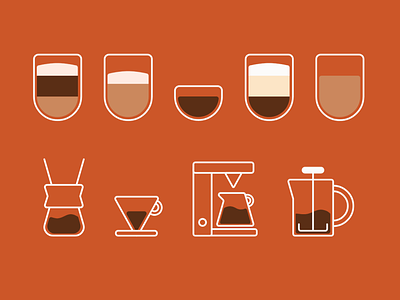 Coffee Icons brewing brewing method cappuccino chemex coffee coffee cup coffee maker drip coffee espresso flat white french press iconset illustrations illustrator latte minimal simple vector