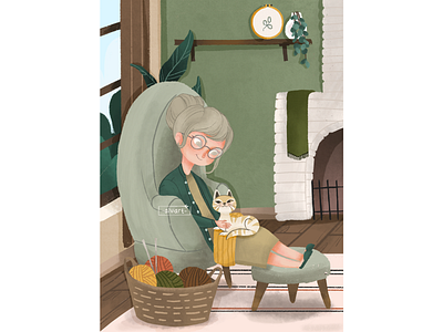 Grandma and the cat art children illustration draw earthtone girl illustration procreate