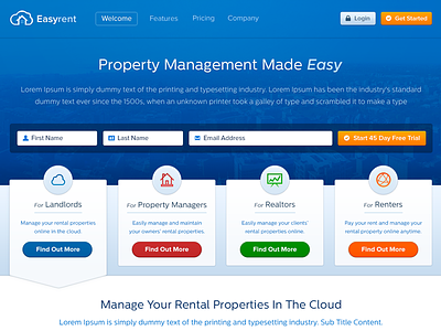 Easyrent Homepage free trial header landlord property management tenant