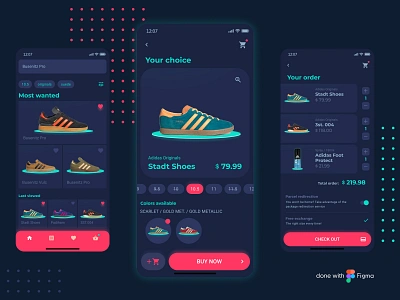 Sneakers Shop | Dark mode app app design e commerce figma mobile online shopping product design shopping app sneakers sneakers shop typogaphy ui ux vector