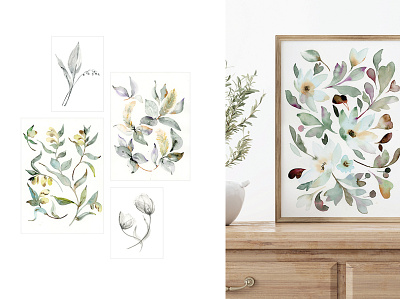 Modern flowers for home decor branding design illustration pattern seamless pattern set design textile watercolor