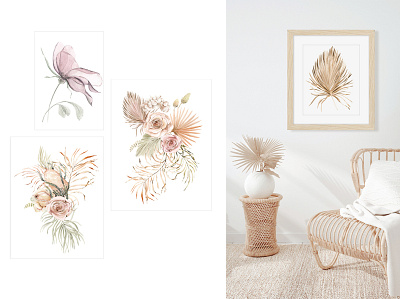 Boho flowers for wall art branding design illustration pattern seamless pattern set design textile watercolor
