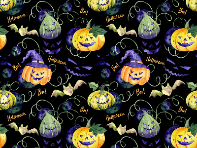 Halloween Seamless pattern on Black autumn halloween illustration monsters october pattern seamless seamless pattern textile watercolor wrapping paper