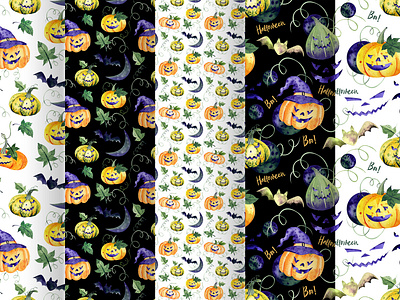 Watercolor Halloween set autumn child children design halloween illustration monsters october pattern postcards seamless seamless pattern set design template textile watercolor wrapping paper