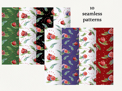 Watecolor seamless Christmas Patterns christmas fruits gift paper illustration juicy pomegranate seamless seamless pattern textile wallpaper watercolor wrapping paper
