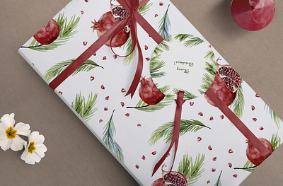 Christmas gift box christmas christmas decor design fruits gift illustration pattern pomegranate postcards seamless seamless pattern set design textile watercolor wrapping paper