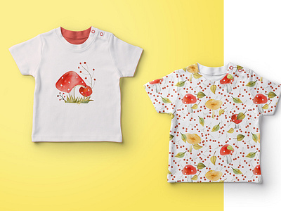 Baby t-shirts with mushrooms apparel autumn baby baby clothes cute design illustration mushrooms pattern seamless seamless pattern set design textile watercolor