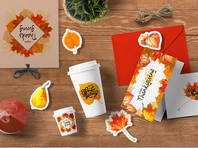 Thanksgiving Set autumn coffe cup design illustration orange paper bag pattern postcards seamless pattern set design stickers textile thanksgiving thanksgiving day watercolor wrapping paper