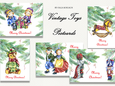 Vintage Toys Christmas Cards christmas christmas decor christmas toys design illustration noatalgia pattern postcards retro set design vintage watercolor