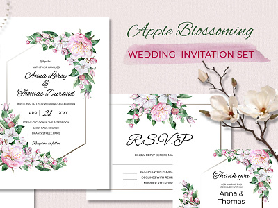 Watercolor wedding Invitasion set apple blossom bloom botanical card design design floral illustration pattern rsvp save the date set design watercolor wedding wedding invitation wedding set