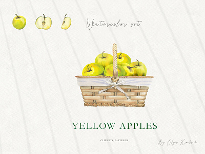 Watercolor Yellow Apples Set autumn botanical design fruit illustration illustration pattern seamless pattern set design textile watercolor wrapping paper