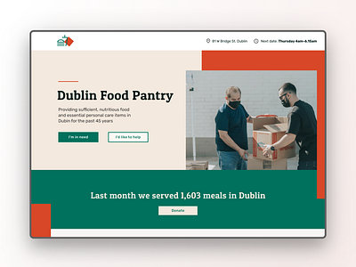 Food bank landing page 2d charity design digital dublin figma flat food food bank green helping homeless landing page minimal orange simple typography ui volounteer website