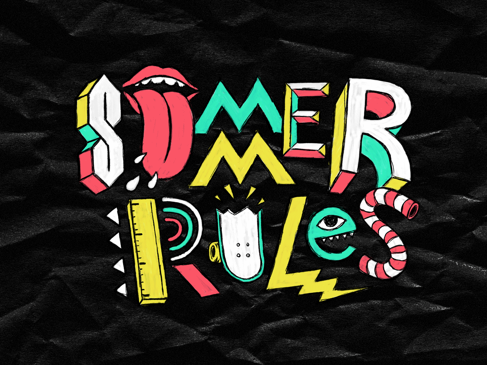 Summer Rules 90s build cool hand drawn lettering neon process rad s school sketch summer tongue typogaphy