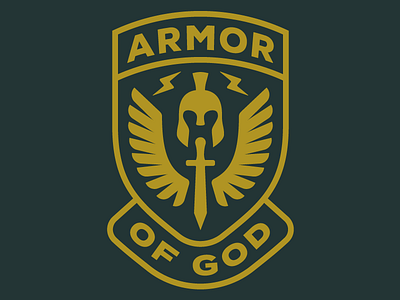 Armor of God badge crest helmet icons illustration line art patch shield sword typography wings wip