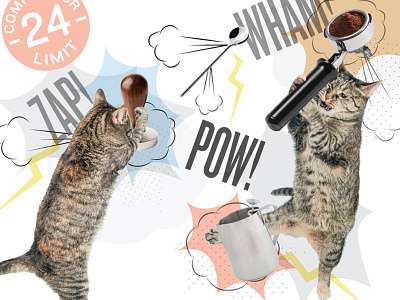 Barista Bash cats coffee competition fight meow poster pow wham zap