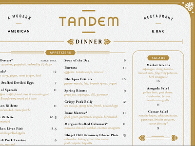Tandem dinner gold menu restaurant typography