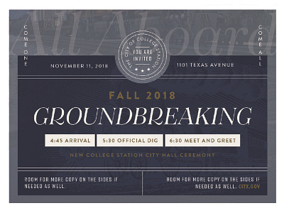 Formal Groundbreaking Invitation blue blue and gold invitation invitation card print ad print design sans serif stamp typography
