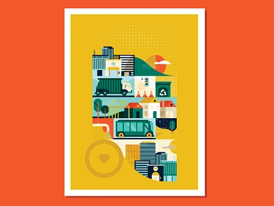 Community Services Print branding bus city city line cityscape civil flat house illustration minimalist poster recycle simple urban vector yellow