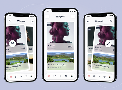 Golf wagers app - light mode app design golf product sports ui ux wager