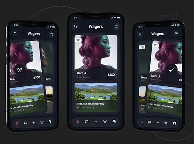 Golf wagers app - dark mode app design golf product sports swipe ui ux wager