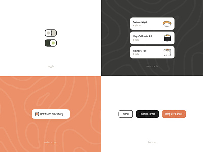 Sushi UI Components branding buttons cards design system food order app japanese radio button sushi sushi roll toggle toggle switch ui