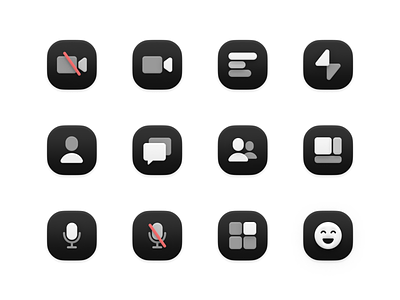 Icon Set for Video Conferencing 3d black and white camera figma icon icons layout list live video mic mute participants person shadow ui users video video calls video conference