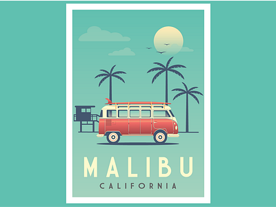 Malibu Vintage poster beach california combi conception design flat design graphic design icon illustration logo malibu palm poster retro retro car vector vintage volkswagen vw vw van