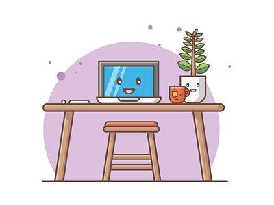 workspace scene character computer conception cup design desk flat design graphic design icon illustration logo macbook air plant scene scene creator sticker tea vector work workspace