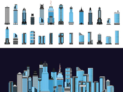 City towers and buildings in flat style on white background.