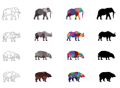 Abstract geometric vector icons Elephant, Rhino, Hippo, Bear bear