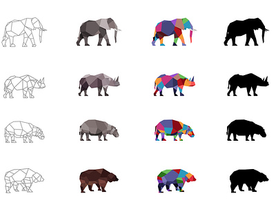 Abstract geometric  vector icons Elephant, Rhino, Hippo, Bear