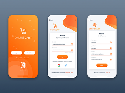 Online Cart design ecommerce login mobile app design online online shopping orange shopping app signup social splashscreen ui visual design